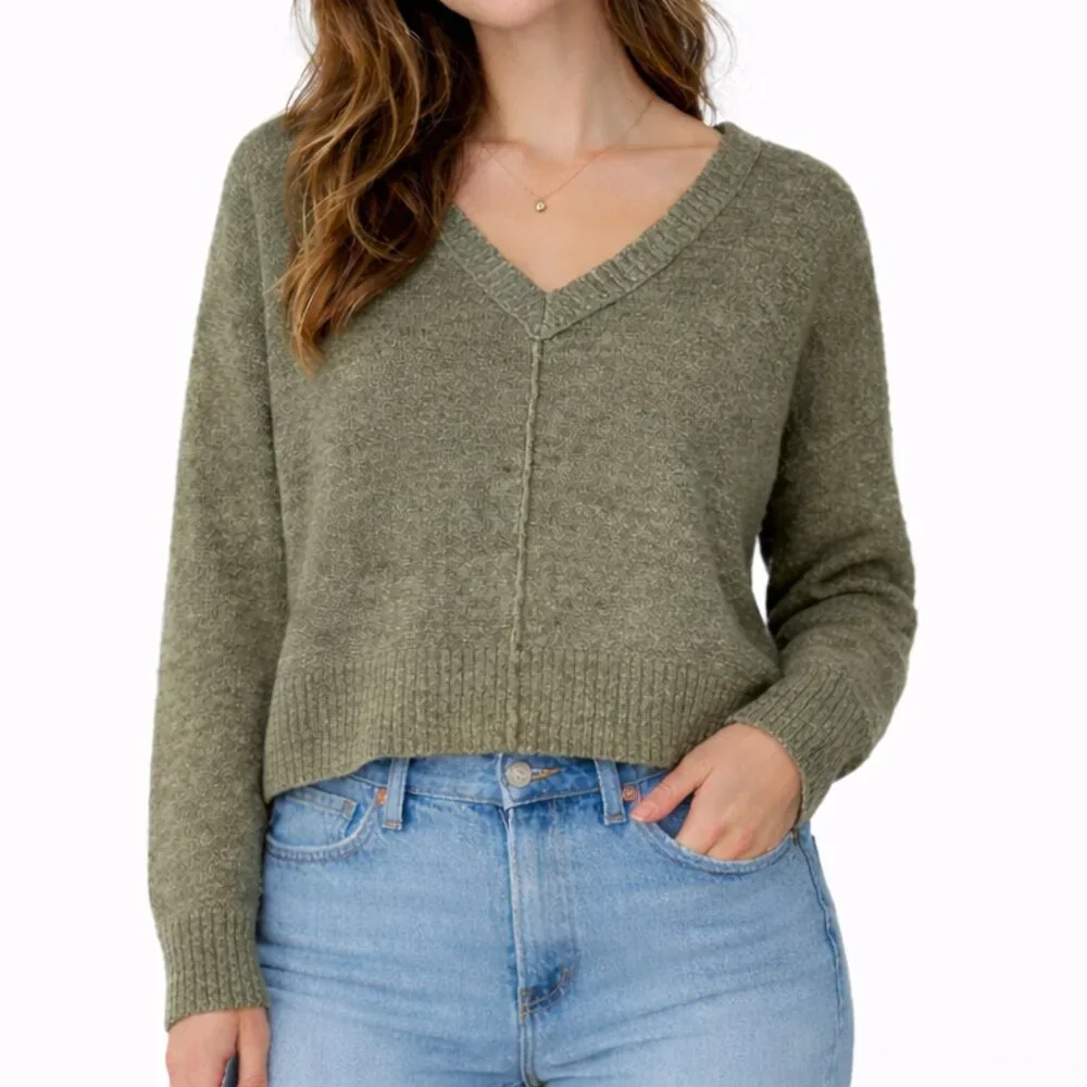 Eileen Fisher Petite Olive V-Neck Sweater Wool Linen Silk Relaxed Fit PL - Picture 14 of 14